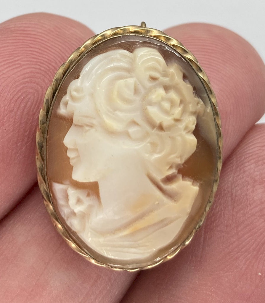 Antique Vintage Hand carved Italian Shell Cameo Brooch Pendant gold filled carnelian pendant necklace combo stamped 14kt F227