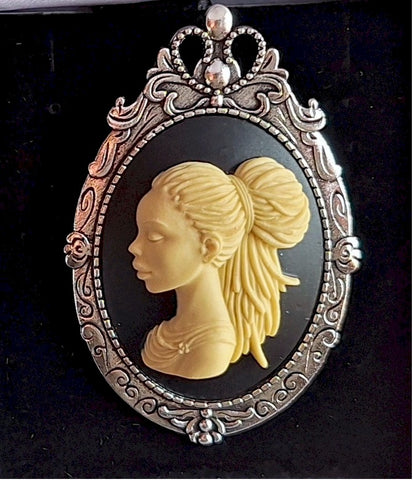 Black Woman Silver Brooch or Pendant Beautiful African American with Braids Cameo F250