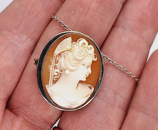 9金GENUINE ITALIAN HAND CARVED CAMEO Vintage Italian Cameo Brooch/Pendant 1950's Hand Carved in