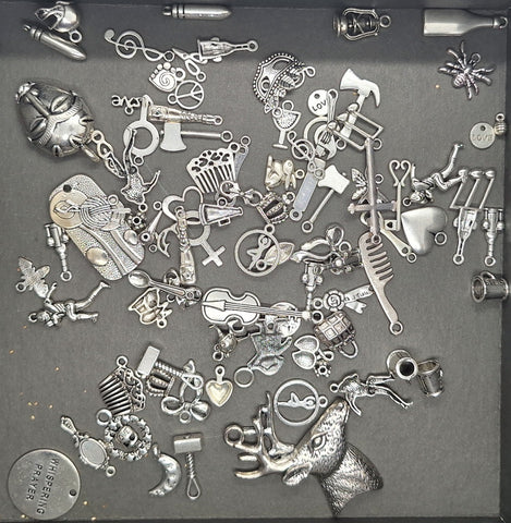 Closeout- 1/4LB Bulk Lot of Antique Silver Charms mixed Tibetan style shapes sizes L155