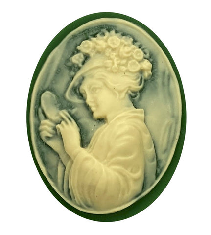 40x30mm Lady with Mirror Green and Ivory Resin cabochon Cameo S4150