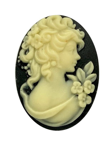 25x18mm Woman with FlowersBlack Ivory Resin Cabochon Cameo S4159