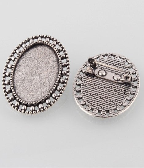 25x18mm Antique Silver Brooch Setting with Pin Back Cabochon Setting 102z