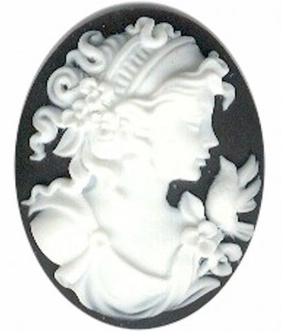 Black and White 40x30mm Woman with Bird Resin Cameo 155A