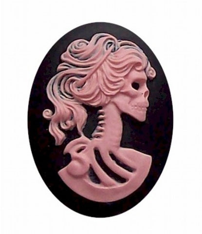 Lolita Pink and Black skull Skeleton 25x18mm Resin Cameo 419x