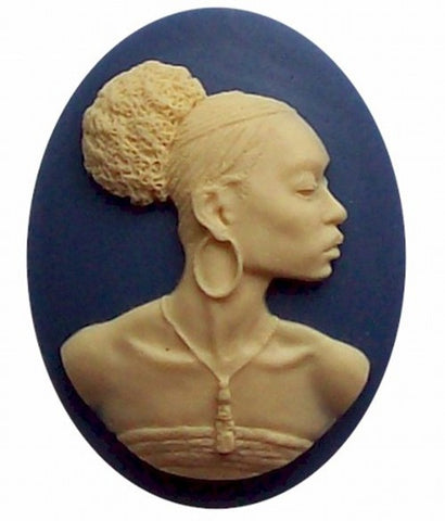 African American Black Woman Resin 40x30mm Cameo Blue and Ivory 545x
