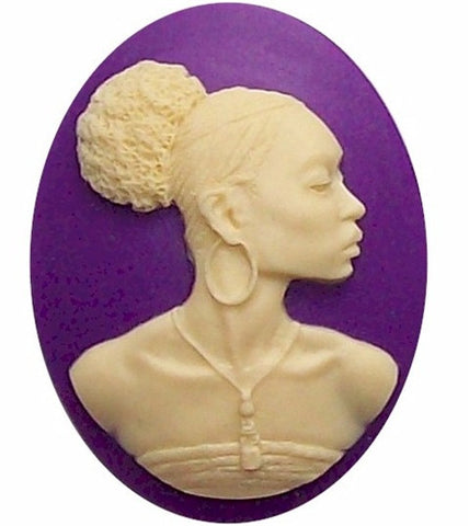 African American Black Woman Resin 40x30mm Cameo Purple and Ivory 569x