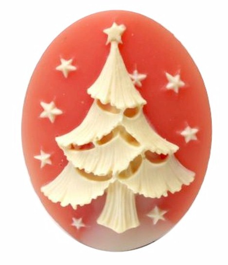 Christmas Tree Resin Cameo 40x30mm Holiday Theme Cabochon Carnelian Ivory 5c