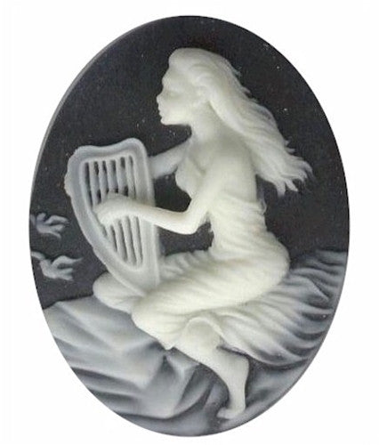 40x30mm Harpist Lady with Harp Black Creme Resin Cameo 674q