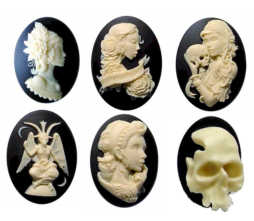 6pcs. Skull Goth Horror Spooky Halloween Theme 40x30mm Resin Cameos 927x