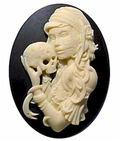 40x30mm Skull and Gothic Zombie Lolita Girl Black Ivory Resin Cameo 932x