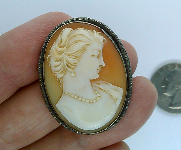 Antique Hand carved Italian Shell Cameo Brooch Pendant Marked 800 Silver  Marcasite carnelian conch shell Pin F164