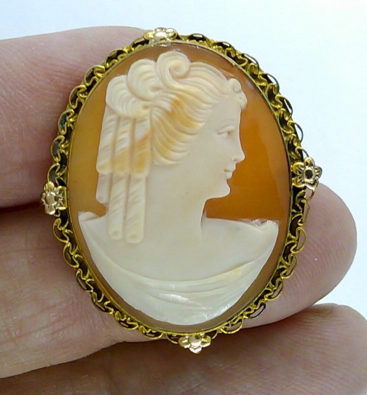 Antique Vintage Hand carved Italian Shell Cameo Brooch Pendant gold filled carnelian pendant necklace combo stamped 12k  F173