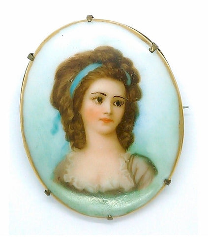 Antique Victorian Limoges French Hand Painted Porcelain Portrait Brooch Pin F195