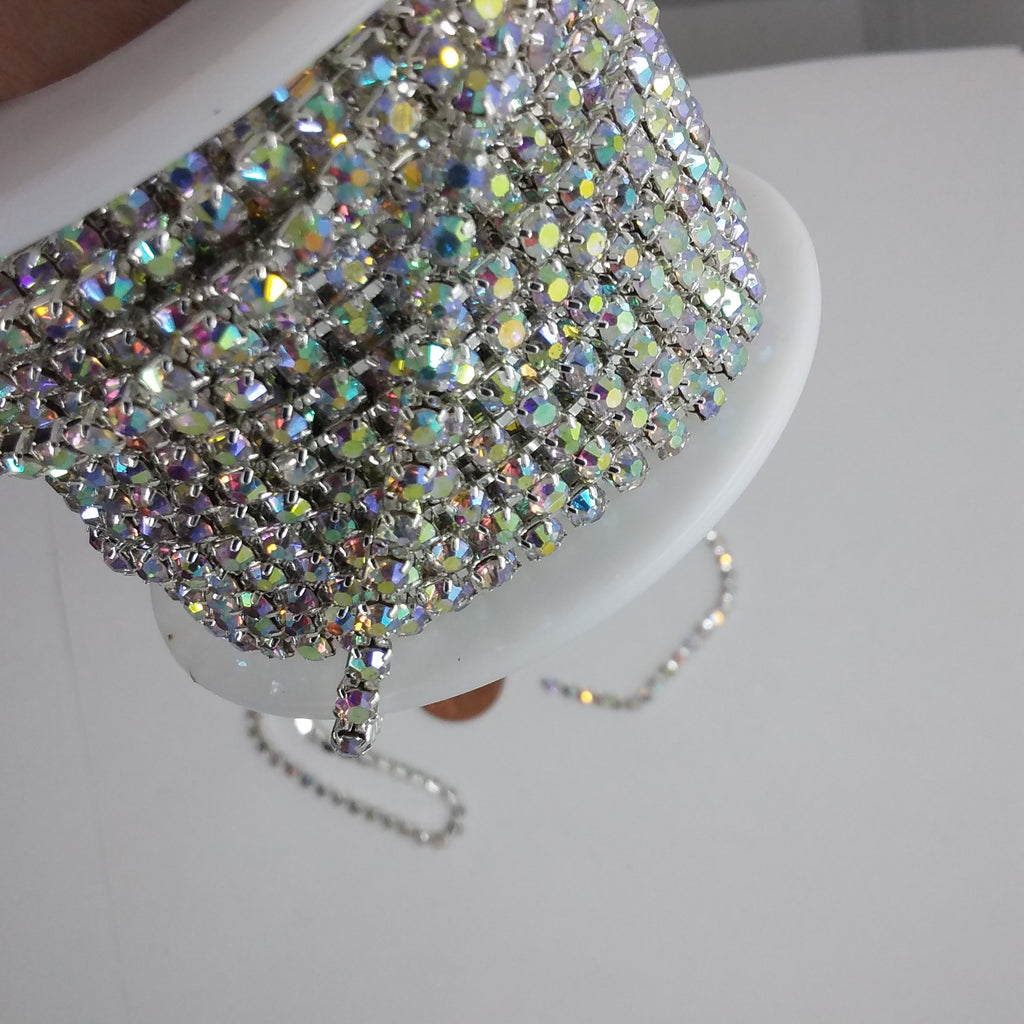 1 YARD 2.8mm AB aurora borealis Rhinestone Chain Silver Backed Crystal Trim Cup Chain jewelry finding supply S2123