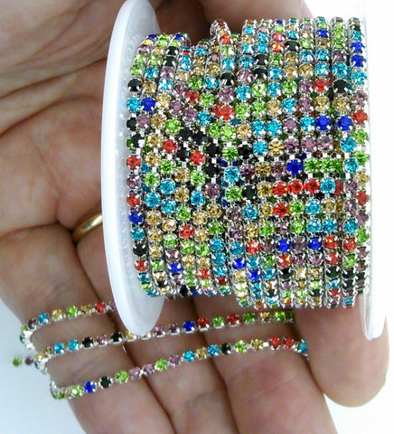 1 YARD 2.3mm Rainbow colorful Rhinestone Chain Silver Backed Crystal Trim Cup Chain jewelry supply S2174