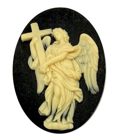 40x30mm Angel with Cross Resin Cameo Cabochon Black Ivory S4128B
