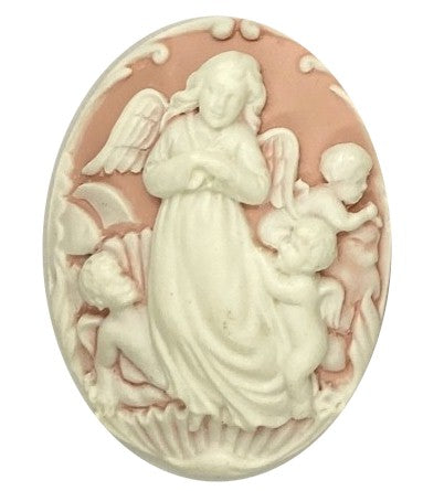 Guardian Angel Resin Cameo 40x30mm Peach White with Cherubs S4128G