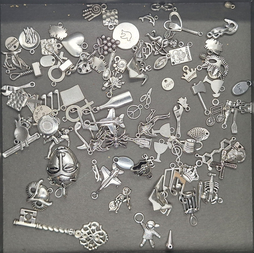 Closeout- 1/4LB Bulk Lot of Antique Silver Charms mixed Tibetan style shapes sizes L511