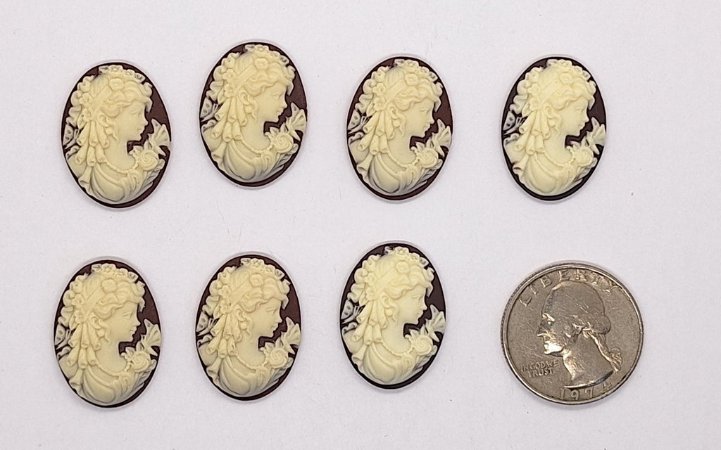 Closeout - 7pcs of  25x18mm Brown light ivory Woman with Butterfly Resin Cameo 164A