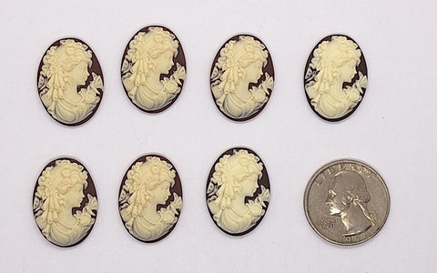 Closeout - 7pcs of  25x18mm Brown light ivory Woman with Butterfly Resin Cameo 164A
