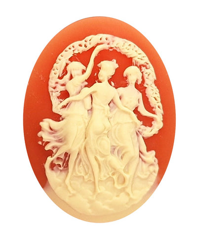 Decorative cameo with three figures on a red background