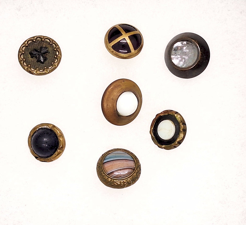 Metal Rim Glass Center Victorian Collectable Buttons 7pcs B666