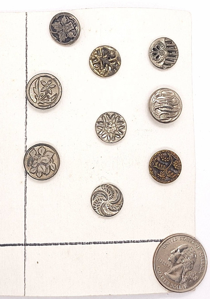 9pcs.  Antique Victorian Silver Buttons Vintage Collectors Buttons  B675