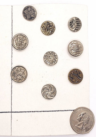 9pcs.  Antique Victorian Silver Buttons Vintage Collectors Buttons  B675