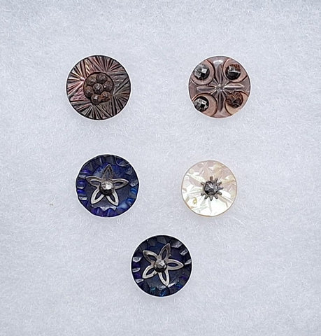 5pcs.  Antique Victorian Mother of Pearl Cut Steel Buttons Vintage Collectors Buttons  B681