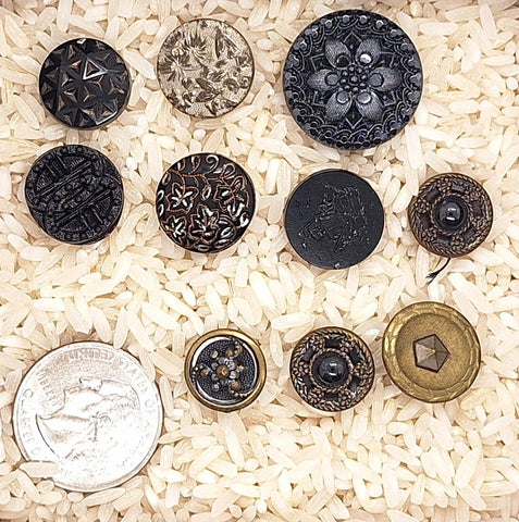 10pcs of Black Glass Luster and metal  Victorian Collectable Buttons B695