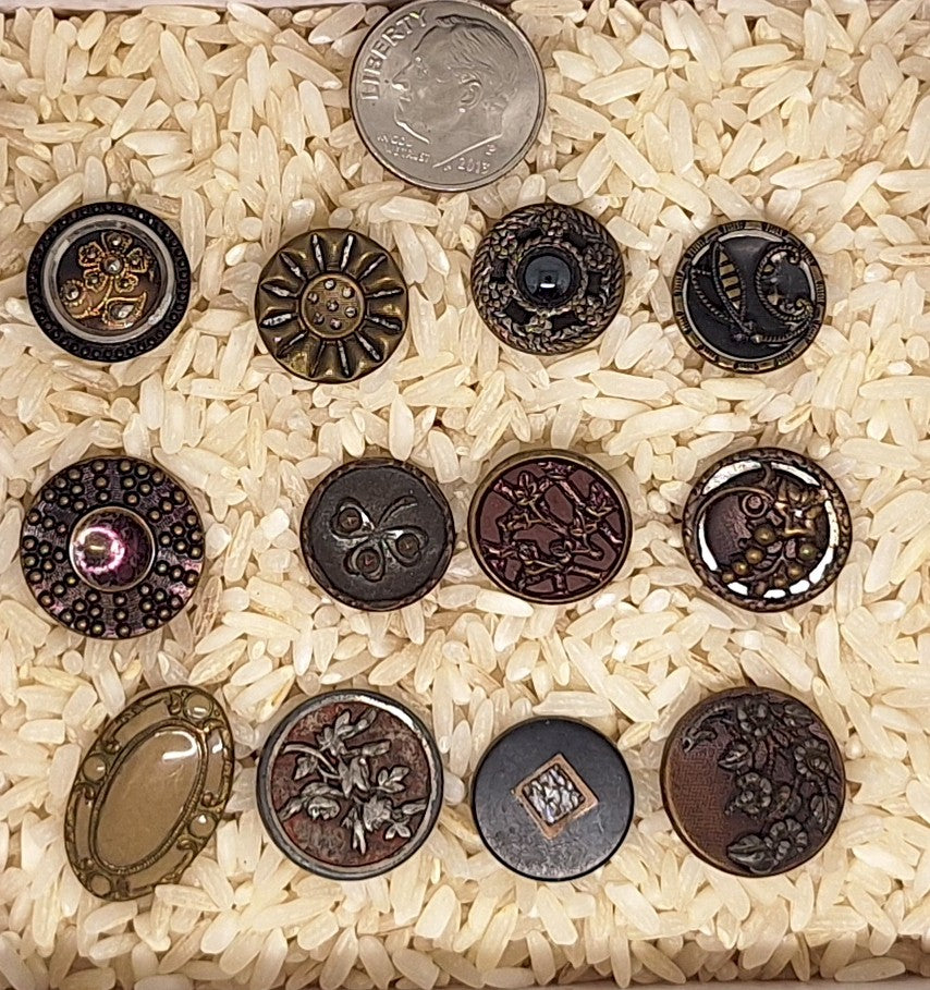 12pc Mixed Antique Metal Victorian Buttons Flowers and Designs B704