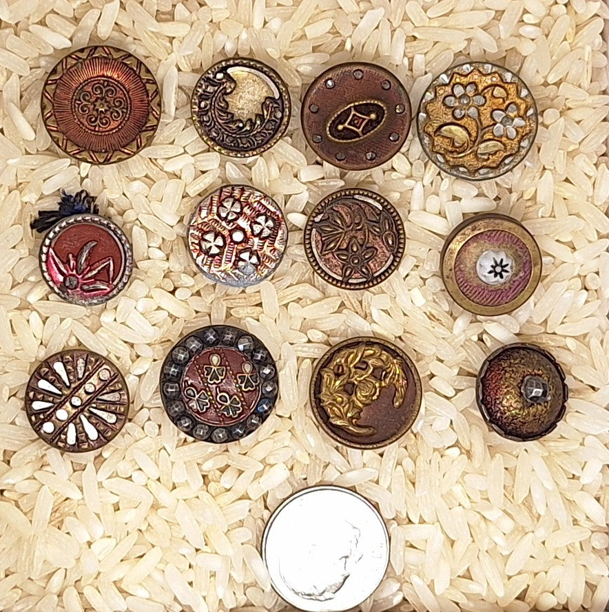 12pc Mixed Antique Metal Victorian Buttons Red Tint Flowers and Designs B706