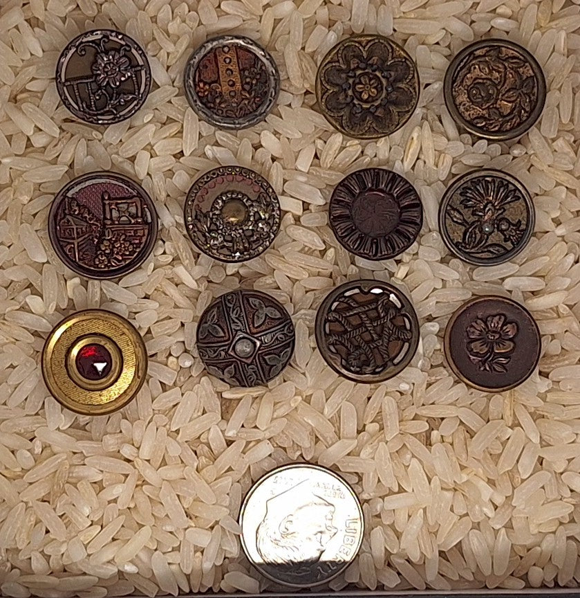 12pc Mixed Antique Metal Victorian Buttons Red Tint Flowers and Designs B707
