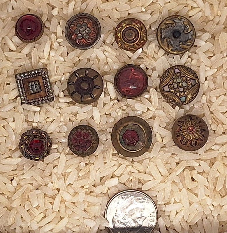 12pc Mixed Antique Metal Victorian Buttons Red Tint Flowers and Designs B709
