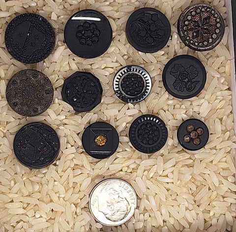 12pc lot Mixed Victorian Antique Black Glass Buttons with Designs B714