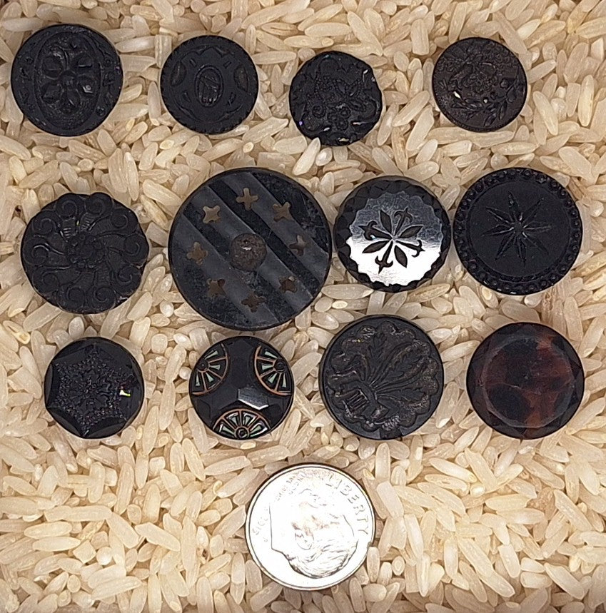 12pc lot Mixed Victorian Antique Black Glass Buttons with Designs B715