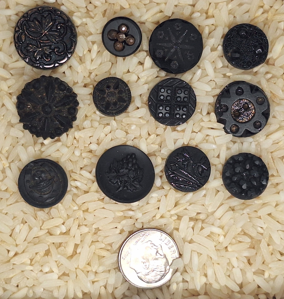 12pc lot Mixed Victorian Antique Black Glass Buttons with Designs B716