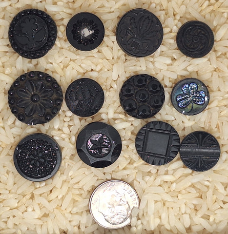 12pc lot Mixed Victorian Antique Black Glass Buttons with Designs B717