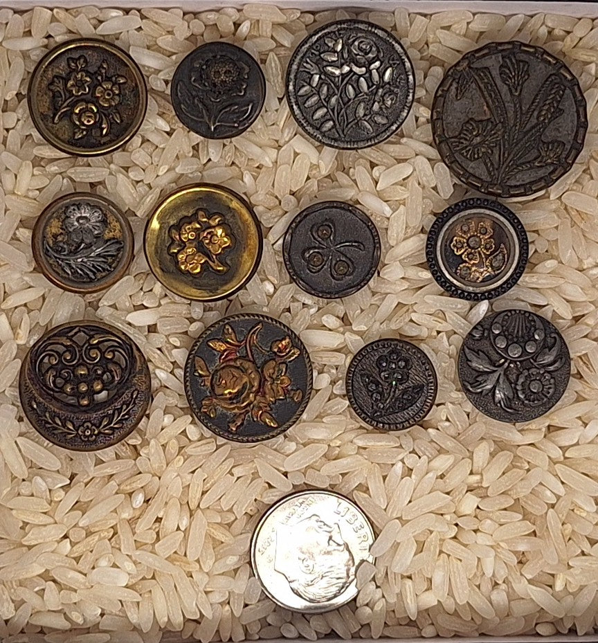 12pc Mixed Antique Metal Victorian Buttons with Flowers B718
