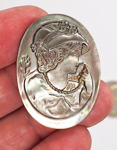 40x30mm Black Pearl Shell Cameo Woman with Hat Flat Back Cabochon C292