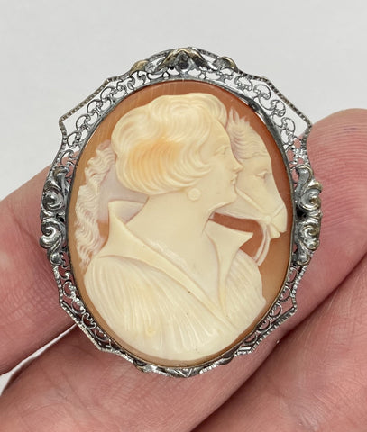 Antique Sterling Silver Italian Cameo Rare Woman and Horse Hand carved Shell Brooch F221