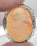 Antique Sterling Silver Italian Cameo Rare Woman and Horse Hand carved Shell Brooch F221