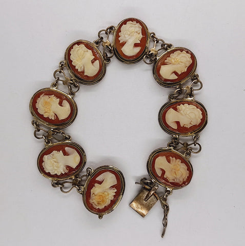 7inch Antique Sterling Silver Shell Cameo Link Bracelet With 8 Carved Woman F262