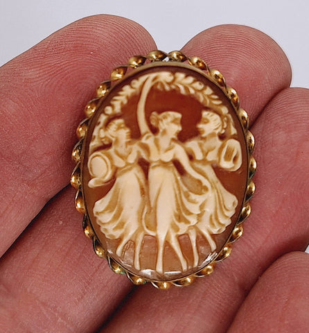 Antique Vintage Three Graces Italian Shell Cameo Brooch Pin 12kt GF Setting  F263