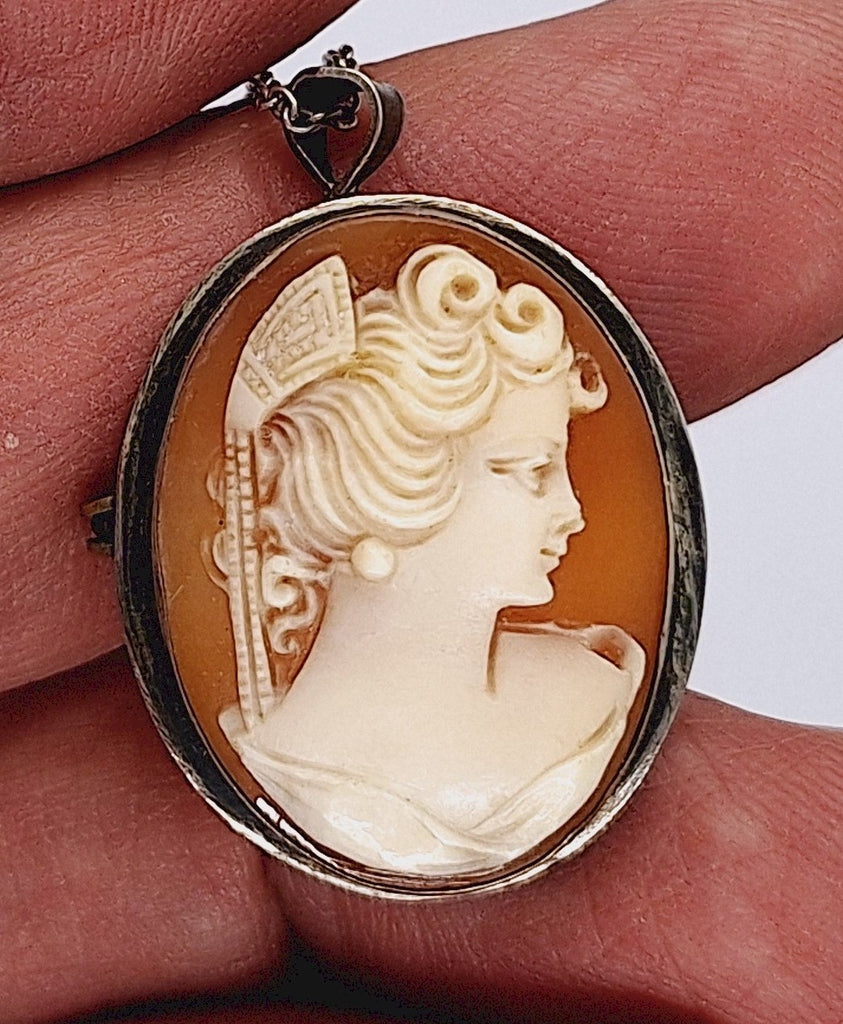 Antique Hand carved Italian Shell Cameo Brooch & Pendant Marked 800 Silver F264