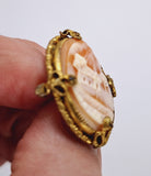 Vintage Hand carved Italian Shell Cameo Landscape Brooch Gold Tone shell Pin F266