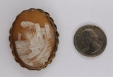 Antique Large Carved Italian Shell Cameo Landscape Brooch Gold Tone shell Pin F267