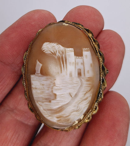 Antique Large Carved Italian Shell Cameo Landscape Brooch Gold Tone shell Pin F267