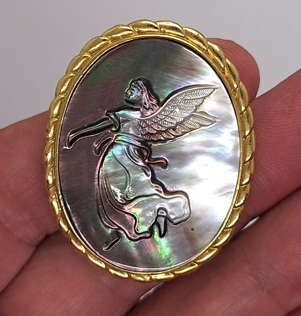 Black Mother of Pearl Angel Cameo Gold Brooch Pendant F274